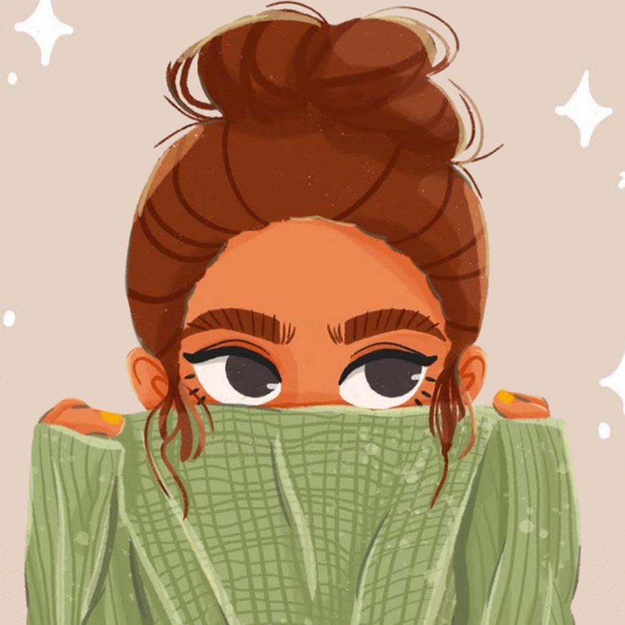 Illustrated portrait of Rachel peeking over a green sweater